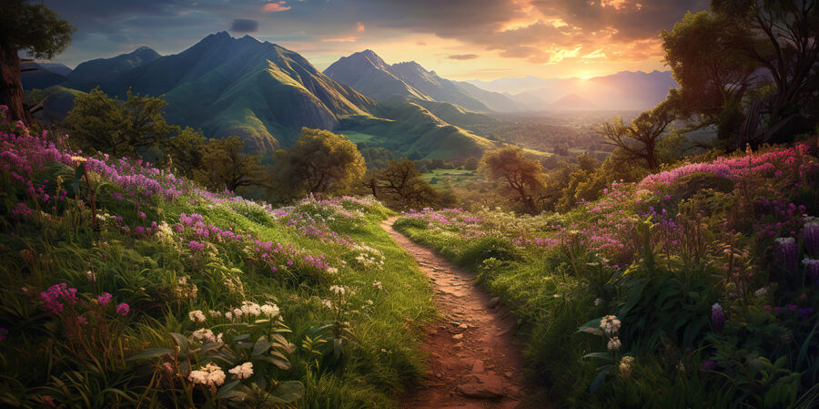 Chemin traversant une zone herbeuse avec des fleurs et des montagnes en arrière-plan