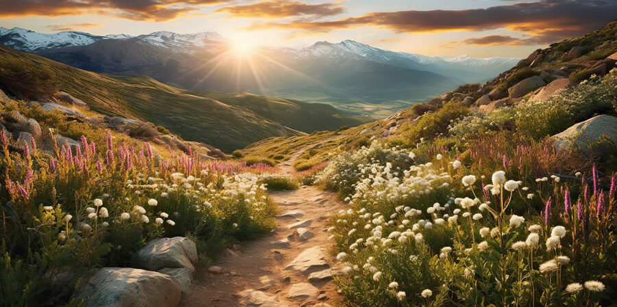 Chemin dans une vallée avec des fleurs et des montagnes en arrière-plan