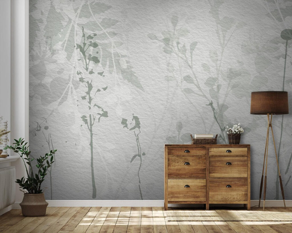 White wall with green leaves White wall with green leaves