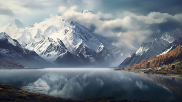 Lac avec montagnes enneigées et nuages Lac avec montagnes enneigées et nuages