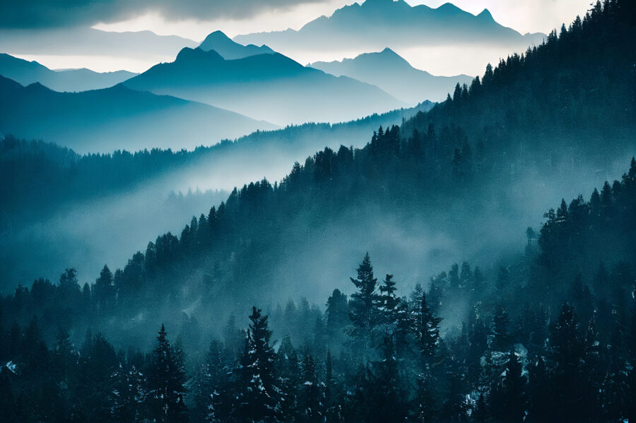 Chaîne de montagnes avec arbres et brouillard