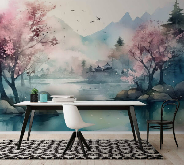 Aquarelle d'un lac avec arbres et montagnes Aquarelle d'un lac avec arbres et montagnes