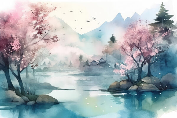 Aquarelle d'un lac avec arbres et montagnes Aquarelle d'un lac avec arbres et montagnes