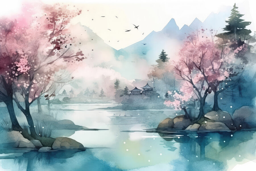 Aquarelle d'un lac avec arbres et montagnes