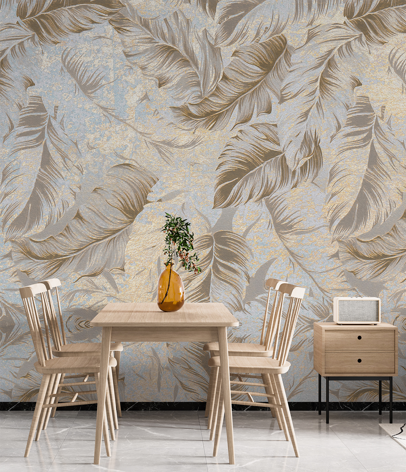 Papier peint Élégant motif de feuilles sur fond bleu. : u95937 - Tapeko.fr