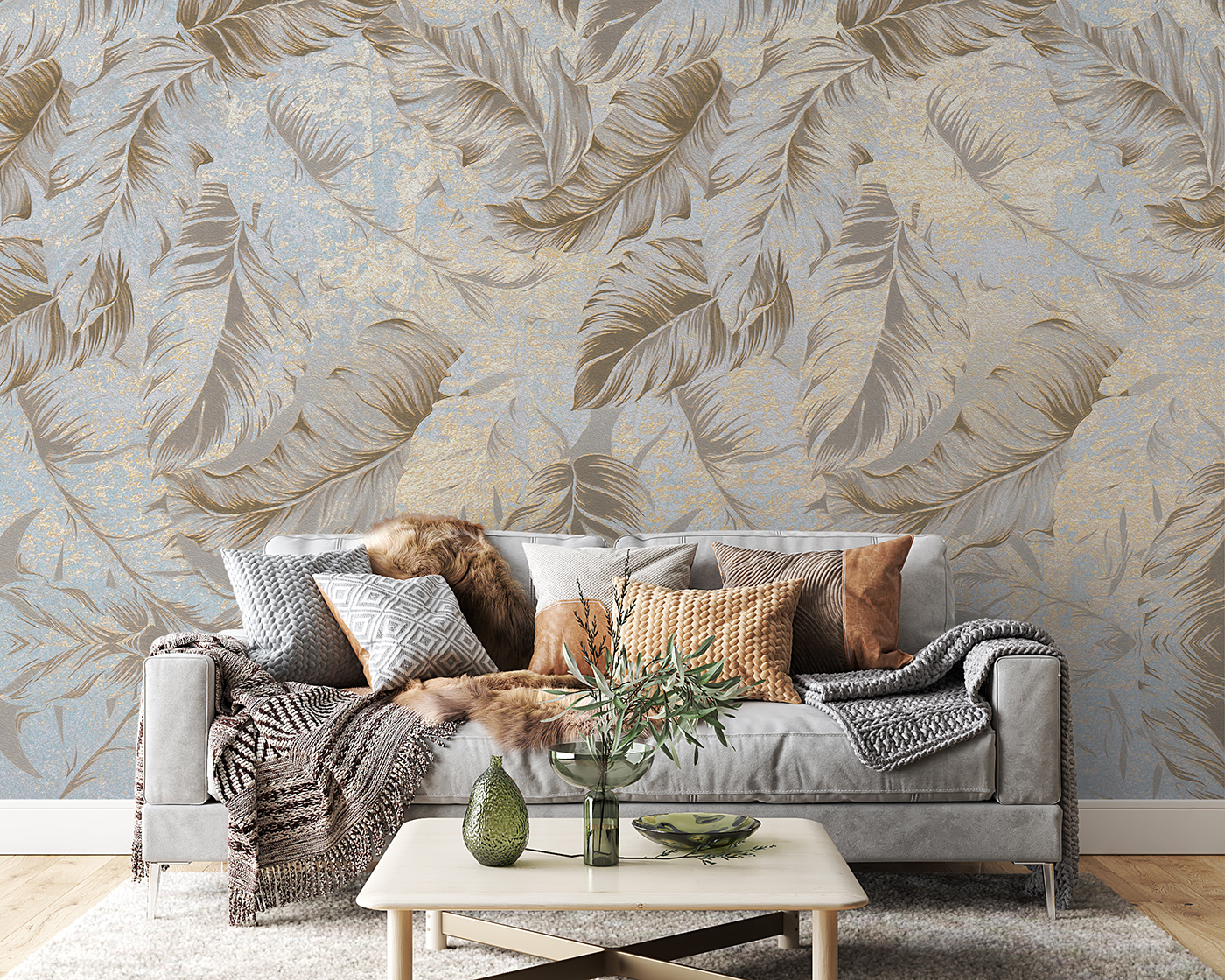 Papier peint Élégant motif de feuilles sur fond bleu. : u95937 - Tapeko.fr