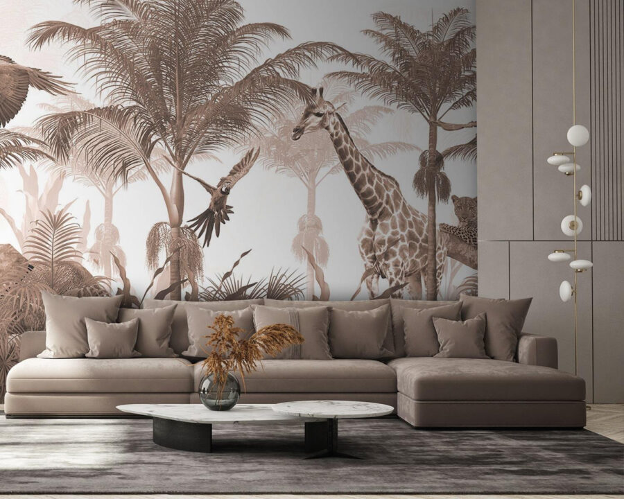 Papier peint Girafes et perroquet dans une forêt