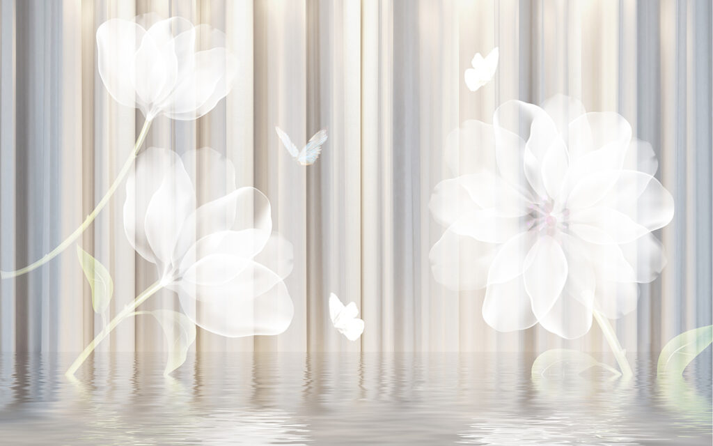 Fleurs blanches et papillons dans une pièce Fleurs blanches et papillons dans une pièce