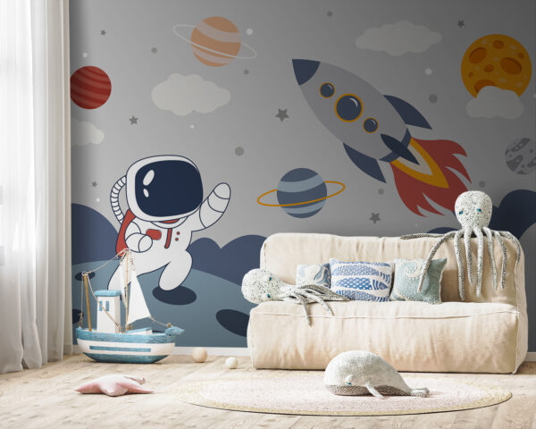 Caricature d'un astronaute marchant sur une planète avec une fusée dans le ciel Caricature d'un astronaute marchant sur une planète avec une fusée dans le ciel