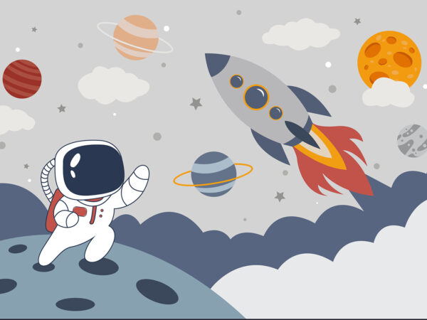 Caricature d'un astronaute marchant sur une planète avec une fusée dans le ciel Caricature d'un astronaute marchant sur une planète avec une fusée dans le ciel