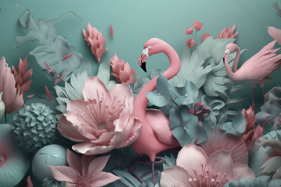 Flamant rose entouré de fleurs