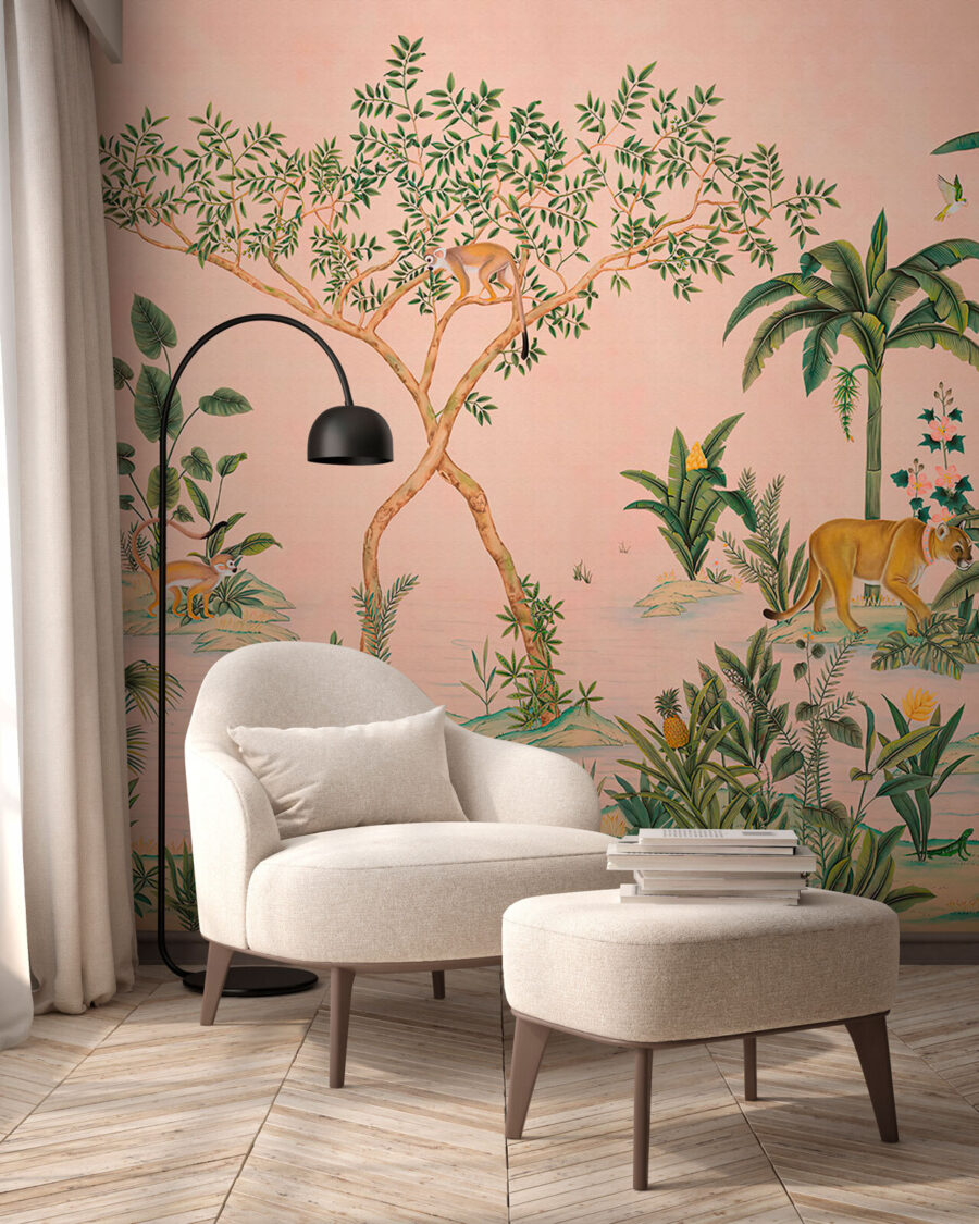 Papier peint avec des animaux et des arbres