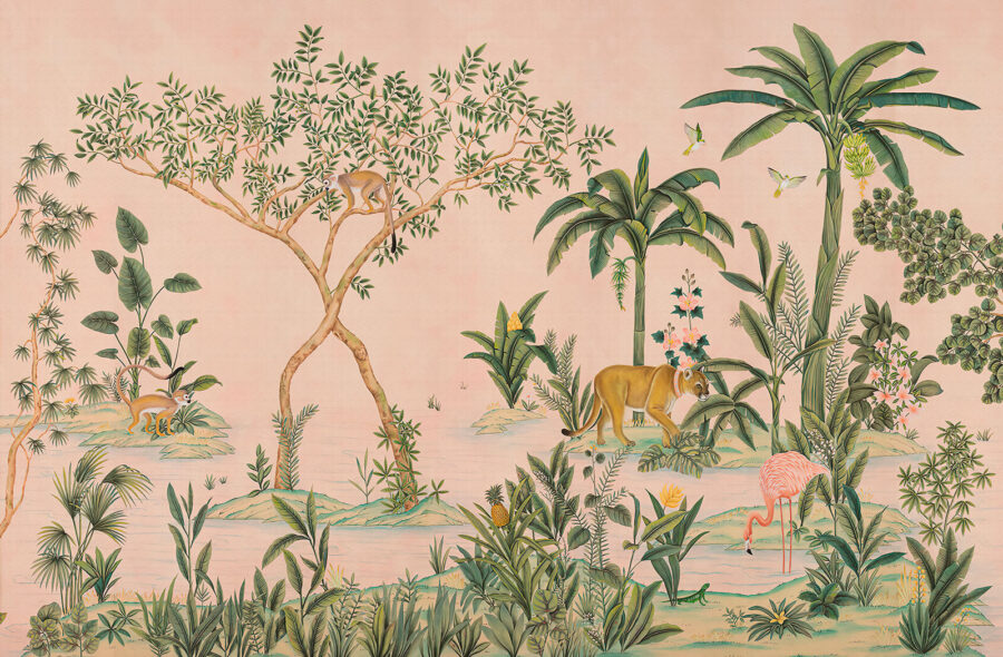Papier peint avec des animaux et des arbres
