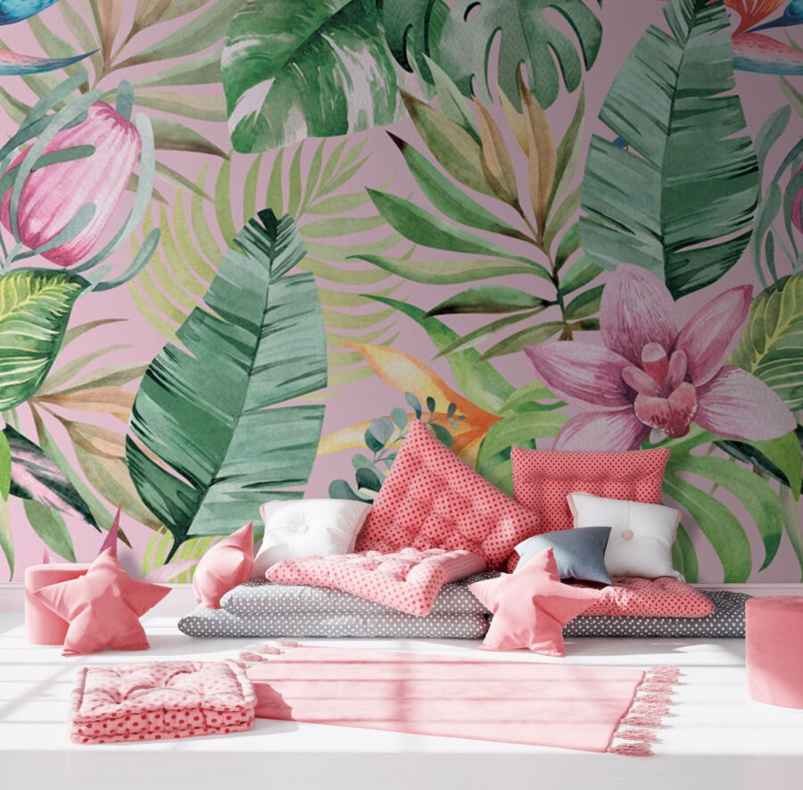 Motif de feuilles et de fleurs tropicales