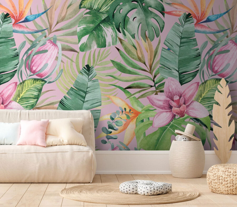 Motif de feuilles et de fleurs tropicales
