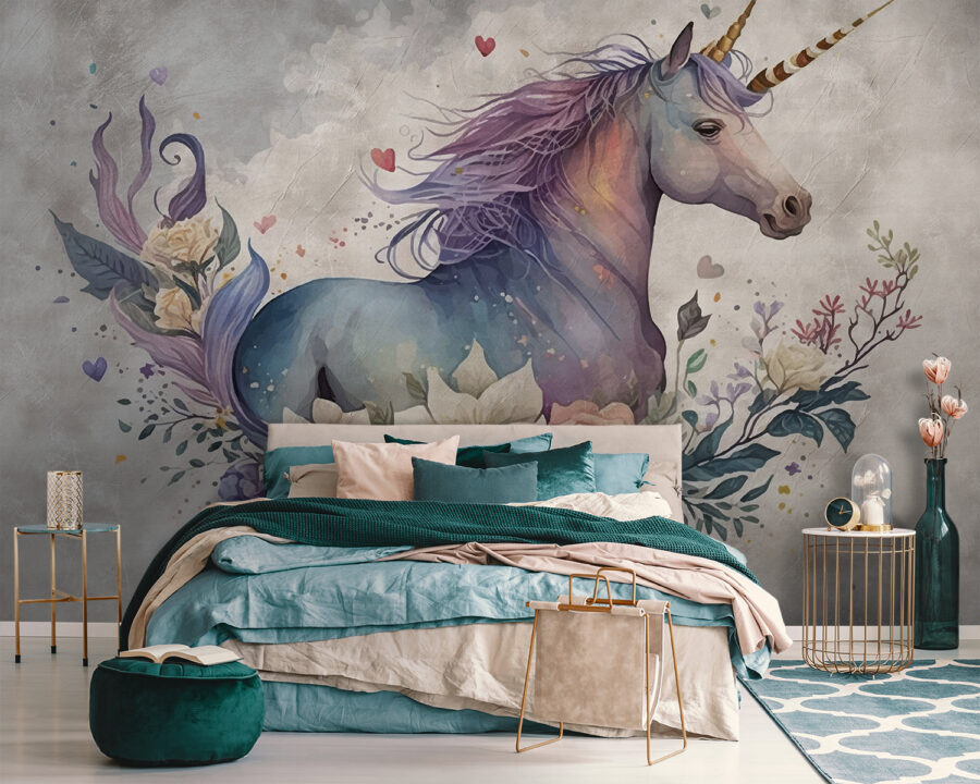 Une licorne avec des fleurs et des feuilles Une licorne avec des fleurs et des feuilles