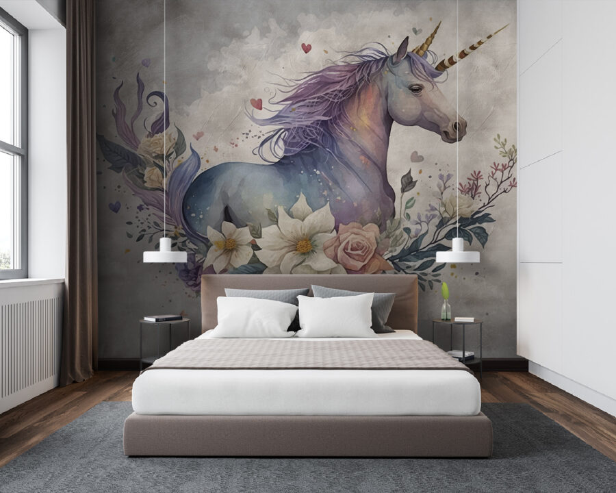 Une licorne avec des fleurs et des feuilles Une licorne avec des fleurs et des feuilles