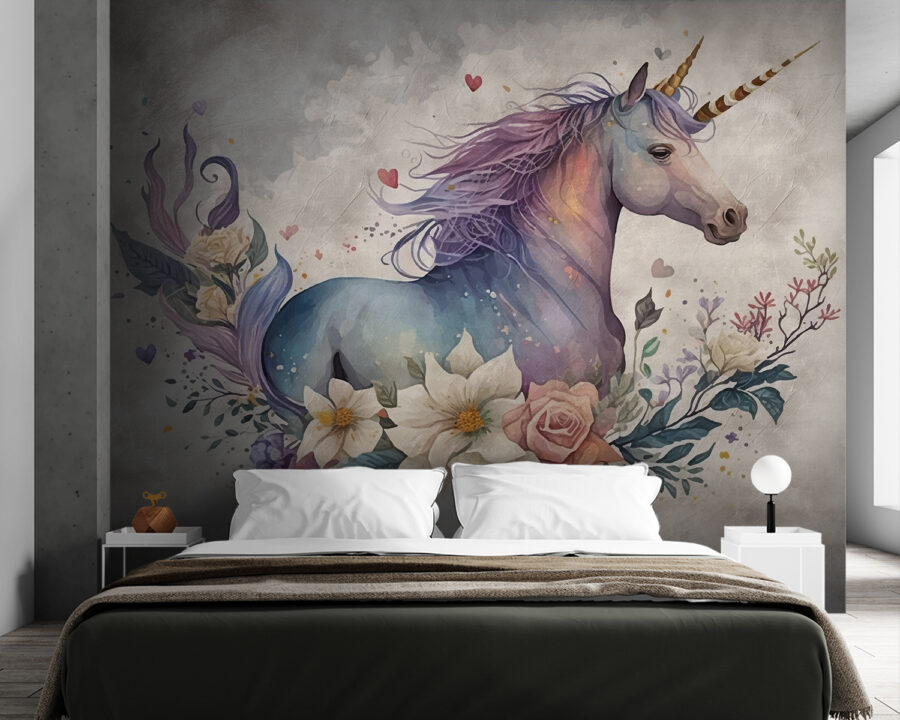 Une licorne avec des fleurs et des feuilles Une licorne avec des fleurs et des feuilles