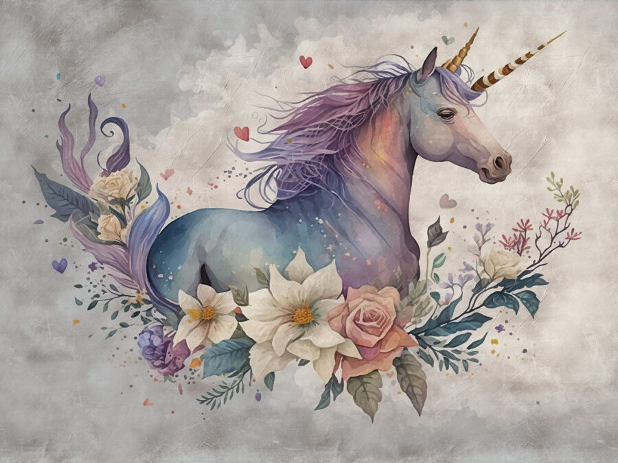 Une licorne avec des fleurs et des feuilles