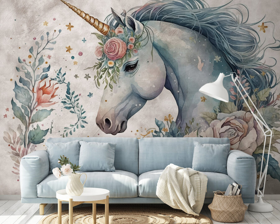 Licorne avec fleurs et feuilles