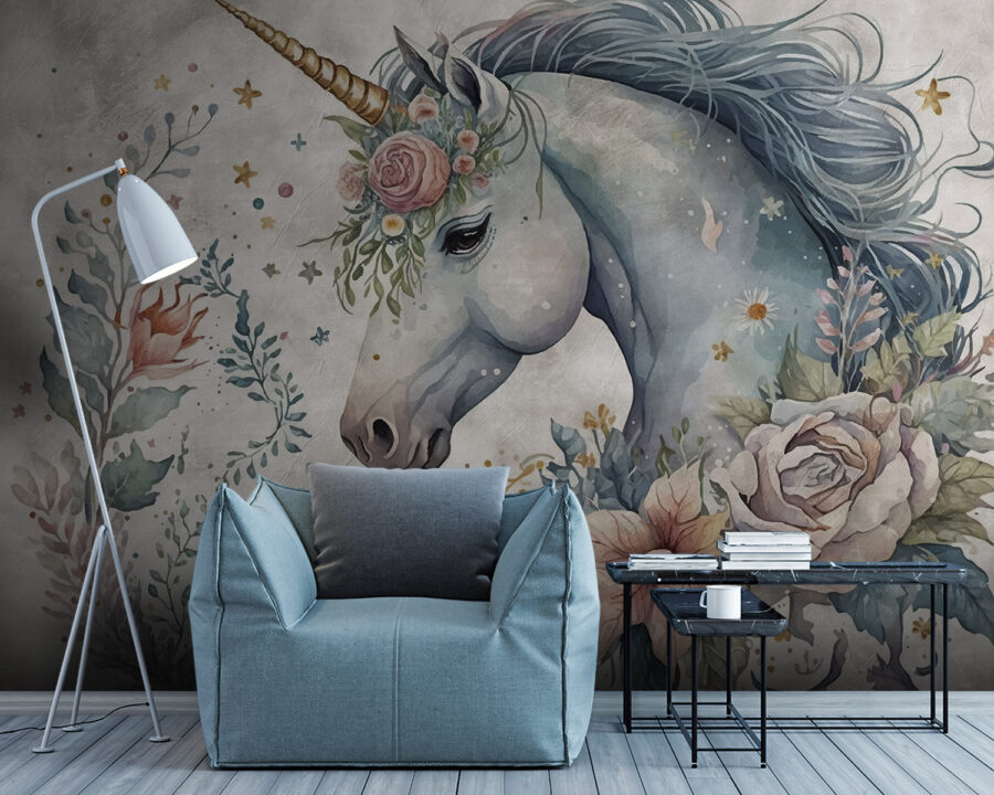 Licorne avec fleurs et feuilles