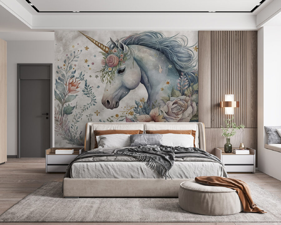 Licorne avec fleurs et feuilles