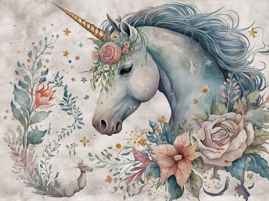 Licorne avec fleurs et feuilles