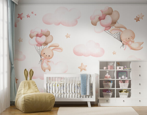 Groupe de nuages roses et lapin tenant des ballons Groupe de nuages roses et lapin tenant des ballons
