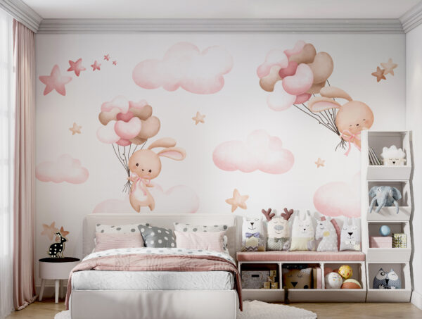 Groupe de nuages roses et lapin tenant des ballons Groupe de nuages roses et lapin tenant des ballons
