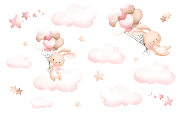 Groupe de nuages roses et lapin tenant des ballons Groupe de nuages roses et lapin tenant des ballons