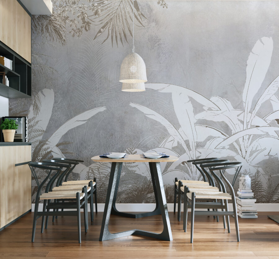 Papier peint blanc et gris avec plantes