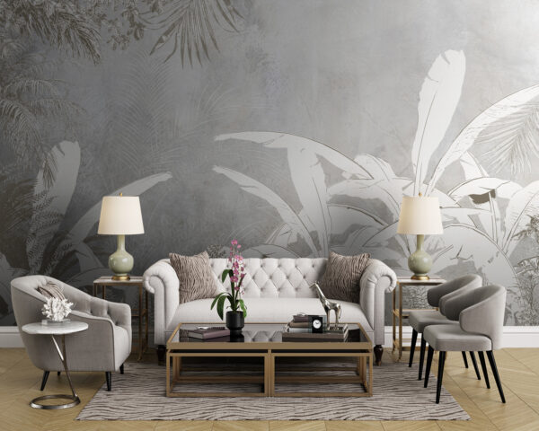 Papier peint blanc et gris avec plantes Papier peint blanc et gris avec plantes