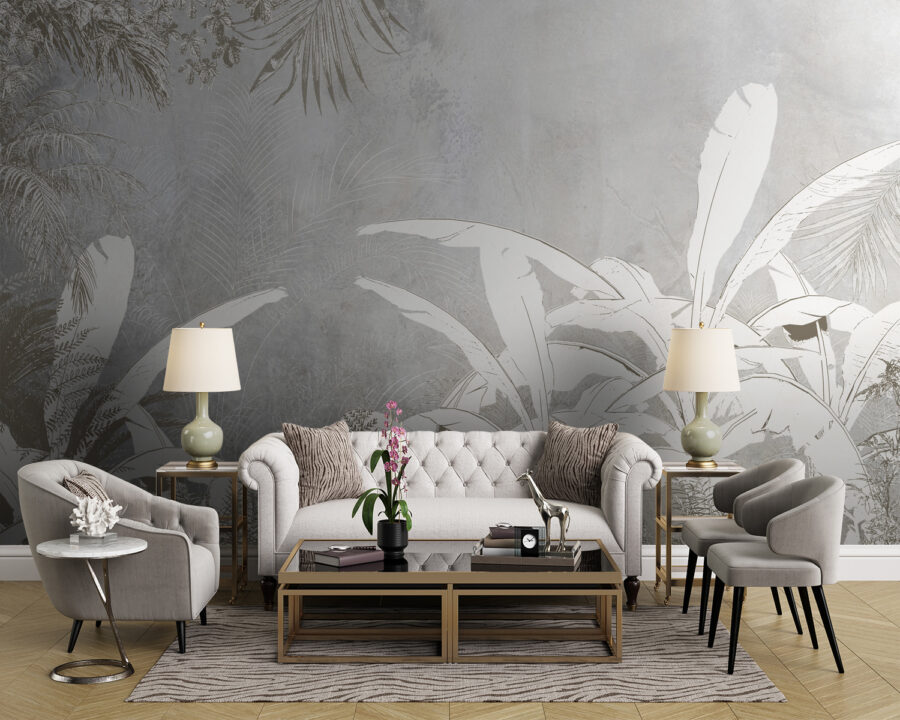 Papier peint blanc et gris avec plantes