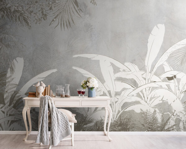 Papier peint blanc et gris avec plantes Papier peint blanc et gris avec plantes
