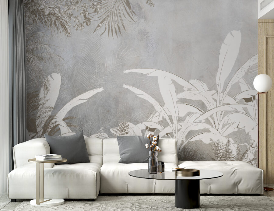 Papier peint blanc et gris avec plantes