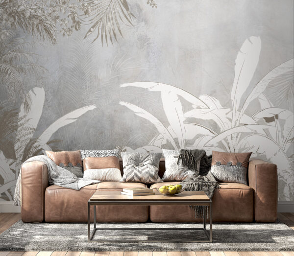 Papier peint blanc et gris avec plantes Papier peint blanc et gris avec plantes