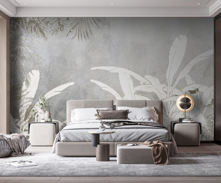 Papier peint blanc et gris avec plantes