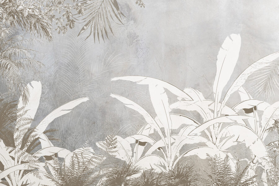 Papier peint blanc et gris avec plantes