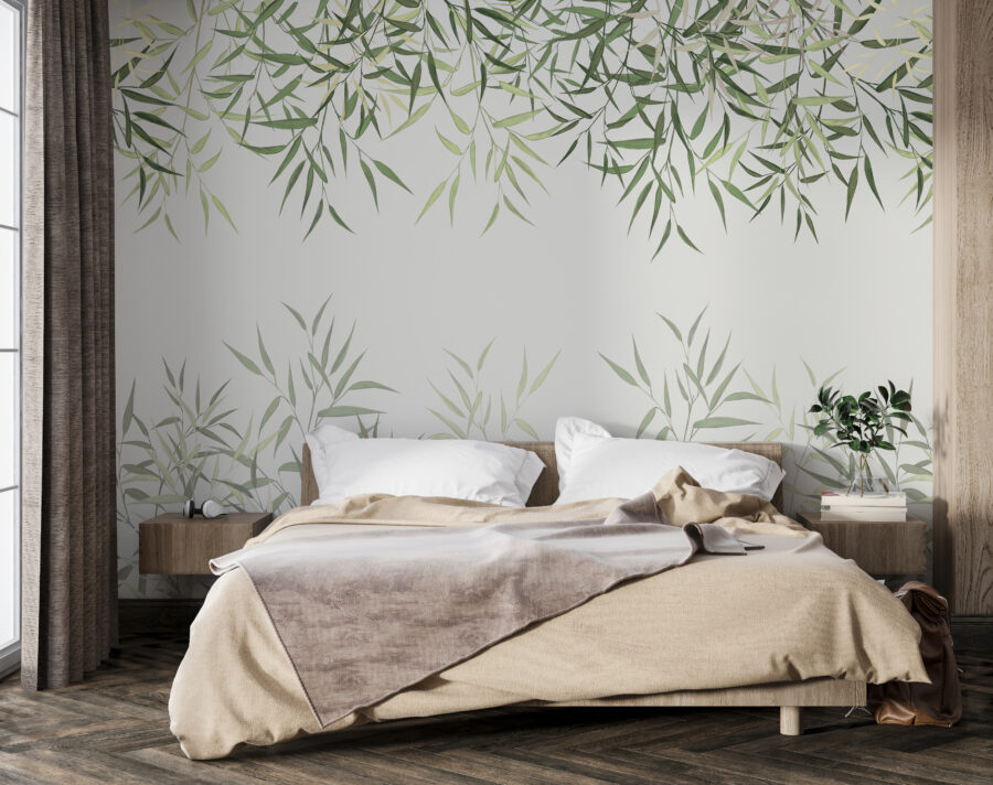 Feuilles de bambou délicates sur fond doux.