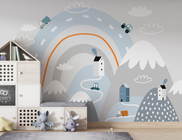 Dessin animé d'une route avec des maisons et un arc-en-ciel Dessin animé d'une route avec des maisons et un arc-en-ciel
