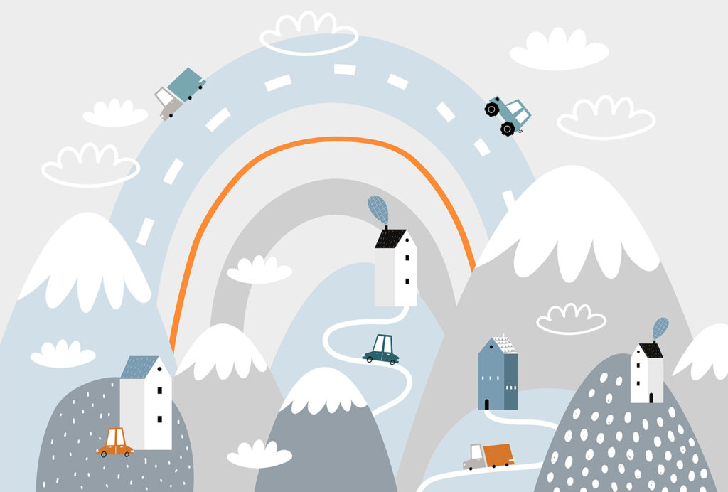 Dessin animé d'une route avec des maisons et un arc-en-ciel Dessin animé d'une route avec des maisons et un arc-en-ciel