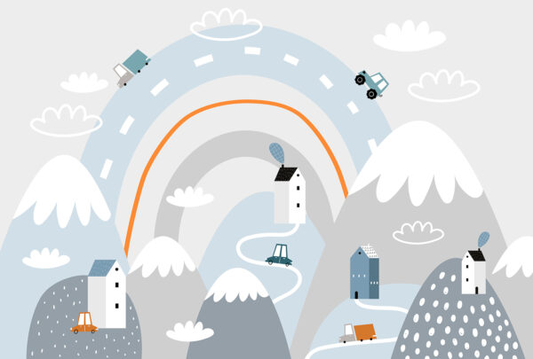 Dessin animé d'une route avec des maisons et un arc-en-ciel Dessin animé d'une route avec des maisons et un arc-en-ciel