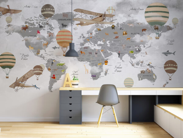 Carte du monde avec animaux et montgolfières Carte du monde avec animaux et montgolfières