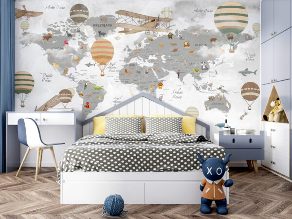 Carte du monde avec animaux et montgolfières Carte du monde avec animaux et montgolfières