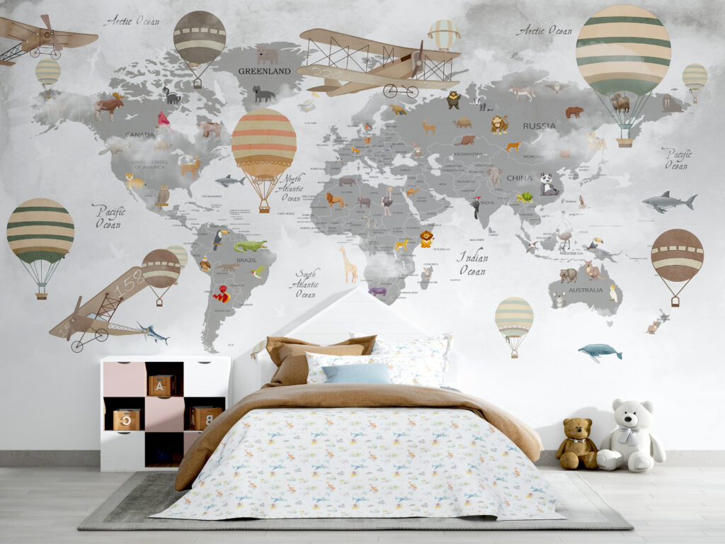 Map of the world with animals and hot air balloons Map of the world with animals and hot air balloons