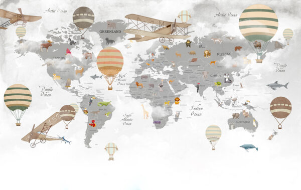 Carte du monde avec animaux et montgolfières Carte du monde avec animaux et montgolfières