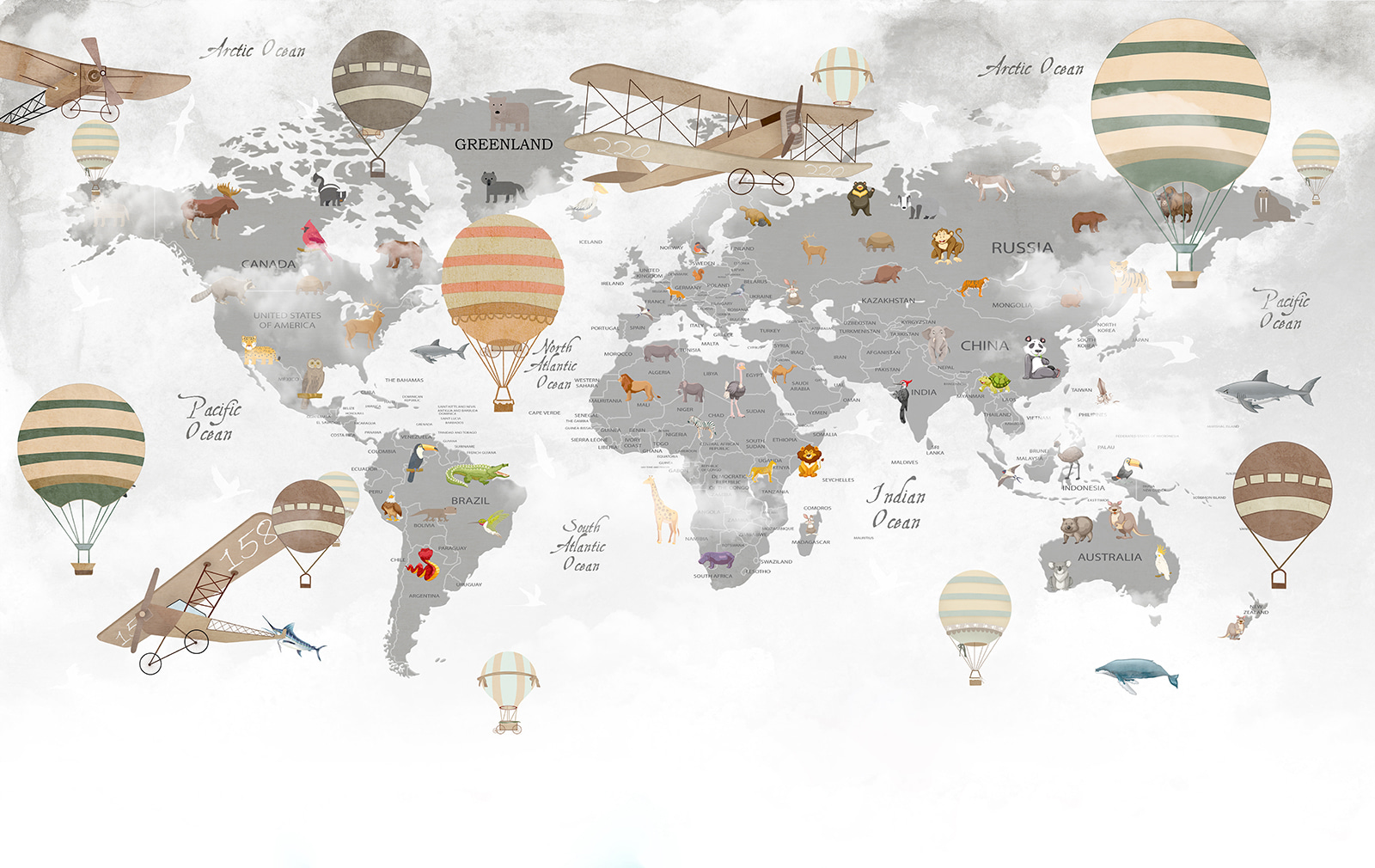 Map of the world with animals and hot air balloons Map of the world with animals and hot air balloons
