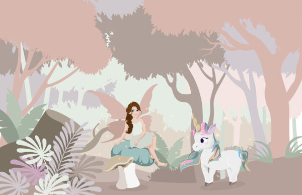 Caricature d'une femme assise sur un champignon avec une licorne Caricature d'une femme assise sur un champignon avec une licorne