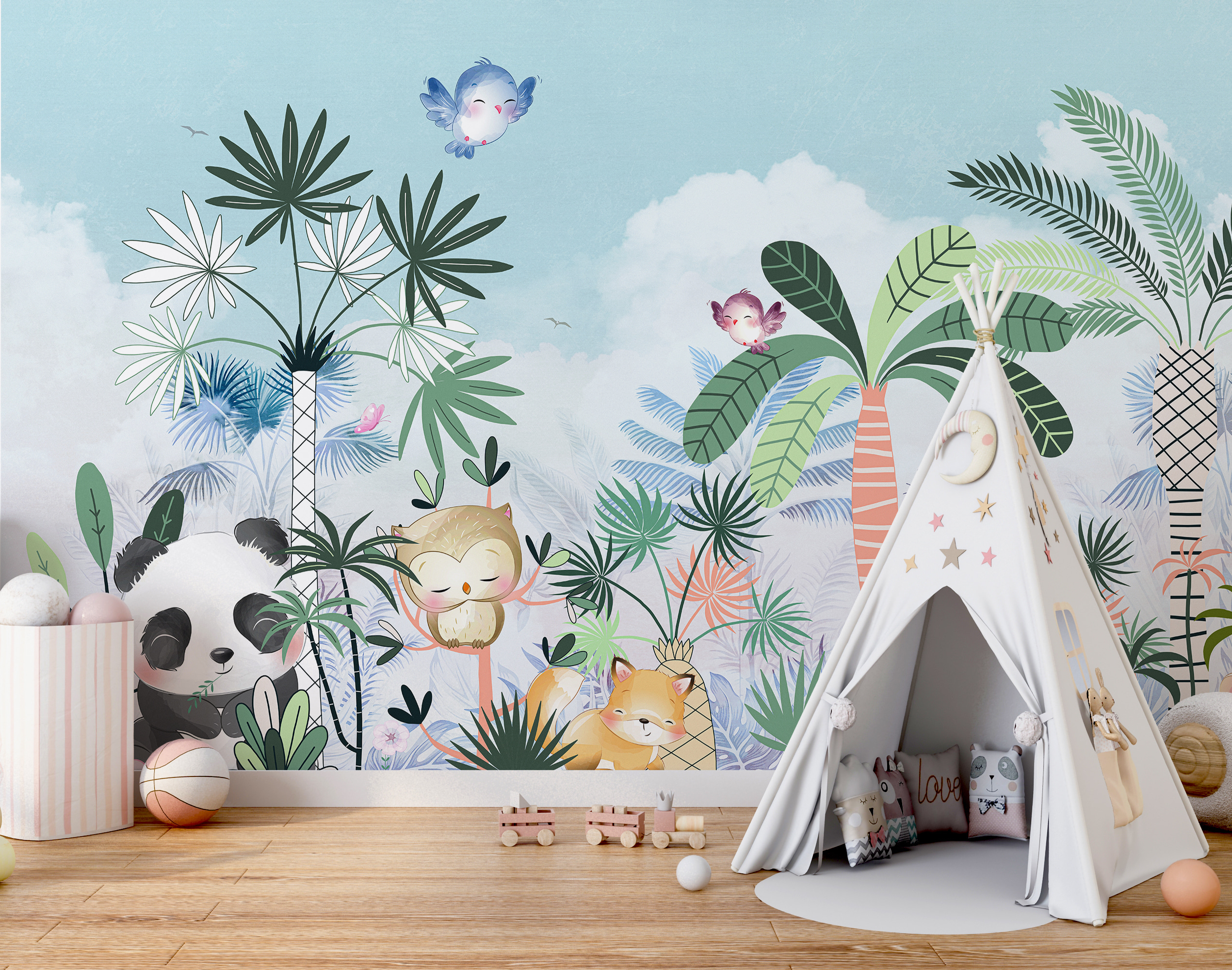 Cartoon of animals and birds in a forest Cartoon of animals and birds in a forest