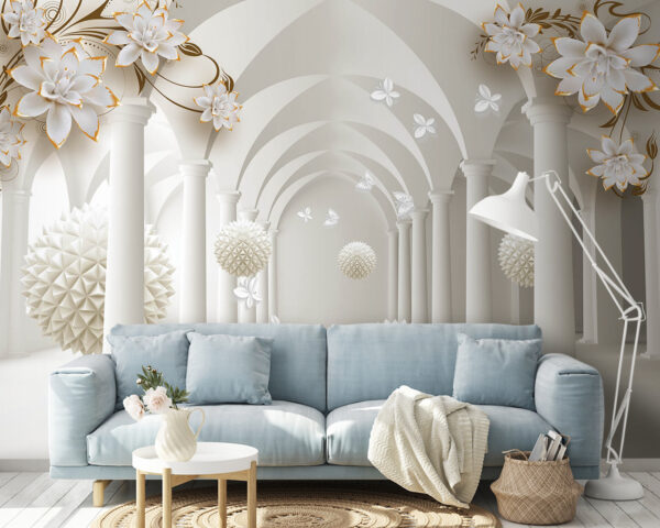 Chambre blanche avec fleurs blanches et boules blanches Chambre blanche avec fleurs blanches et boules blanches